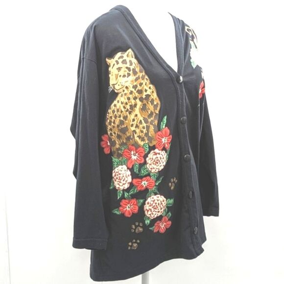 Special Preview Vtg Tiger Embroidered Look Patch Black Floral Cardigan Size L/XL - Picture 1 of 5